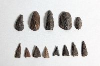 There are five flint scrapers in the top row, and eight flint porjectile points in the bottom row.