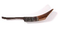 A curved metal blade set in a wooden handle.